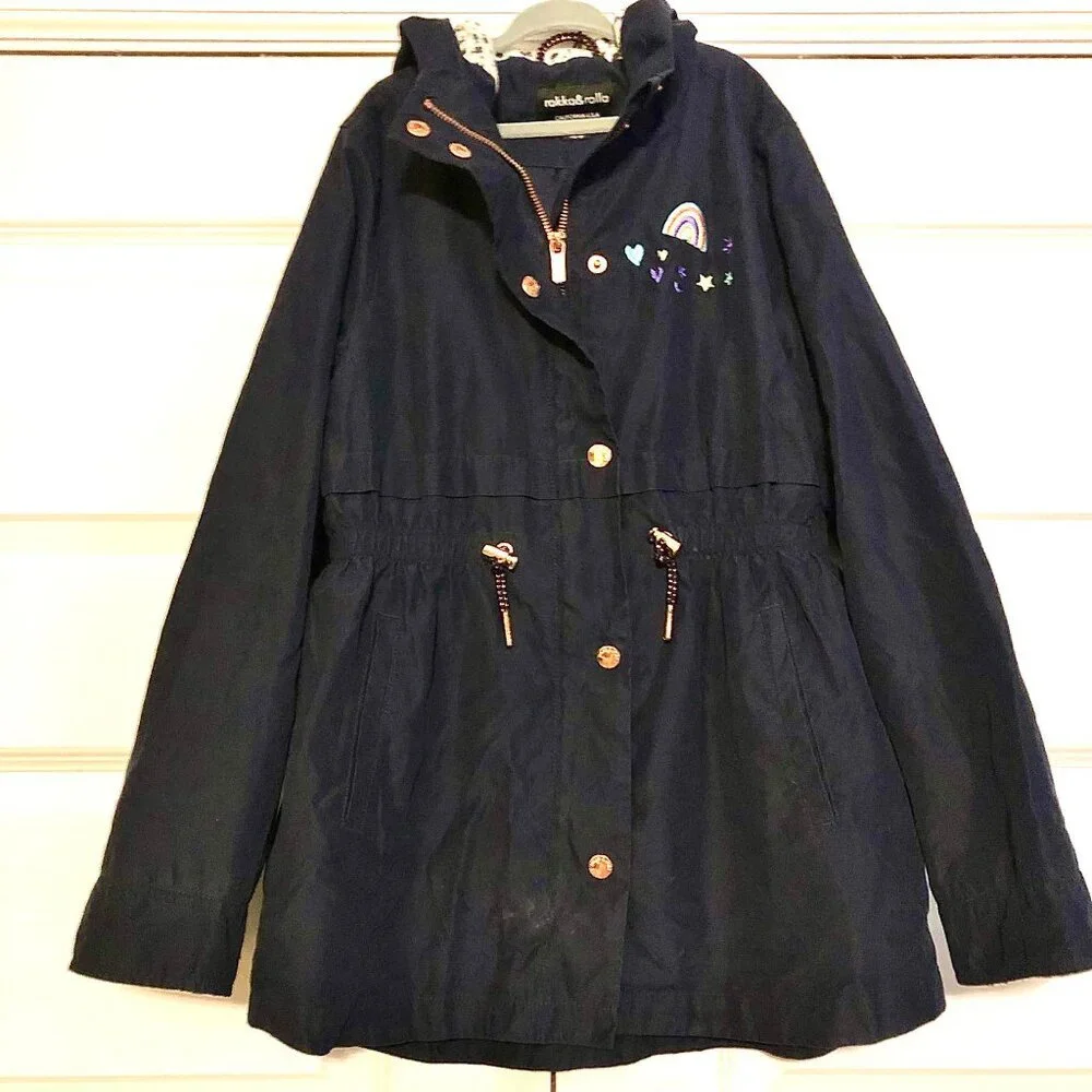 New ROKKA & ROLLA Hooded Trench Coat Rain Jacket Embroidered Night Sky LG 10\12